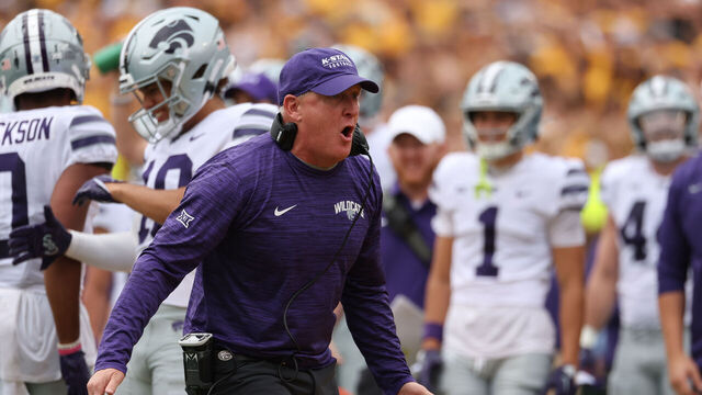 COLUMBIA, MO - SEPTEMBER 16: Kansas State Wildcats head coach Chris Klieman tries to fire up his team in the first quarter of a college football game between the Kansas State Wildcats and Missouri Tigers on Sep 16, 2023 at Memorial Stadium in Columbia, MO.