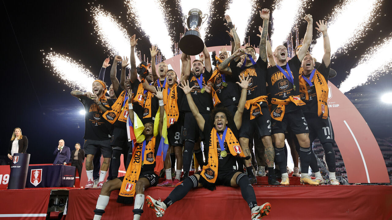FORT LAUDERDALE, FLORIDA - SEPTEMBER 27: The Houston Dynamo FC celebrate winning the 2023 U.S. Open Cup Final against Inter Miami CF at DRV PNK Stadium on September 27, 2023 in Fort Lauderdale, Florida.
