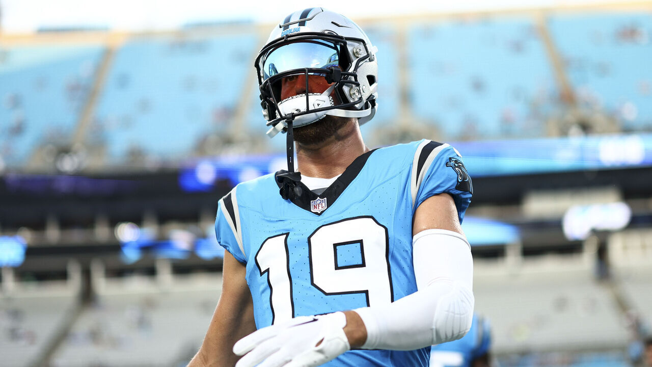 CHARLOTTE, NC - AUGUST 25: Adam Thielen #19 of the Carolina Panthers warms up prior to an NFL preseason football game against the Detroit Lions at Bank of America Stadium on August 25, 2023 in Charlotte, North Carolina.