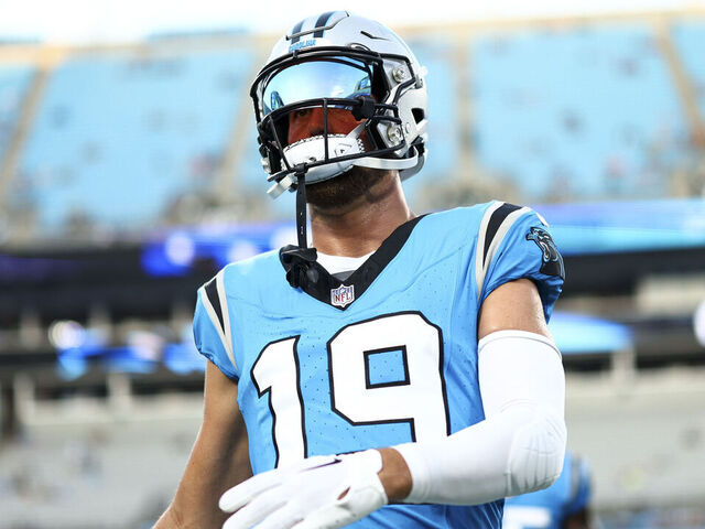 CHARLOTTE, NC - AUGUST 25: Adam Thielen #19 of the Carolina Panthers warms up prior to an NFL preseason football game against the Detroit Lions at Bank of America Stadium on August 25, 2023 in Charlotte, North Carolina.