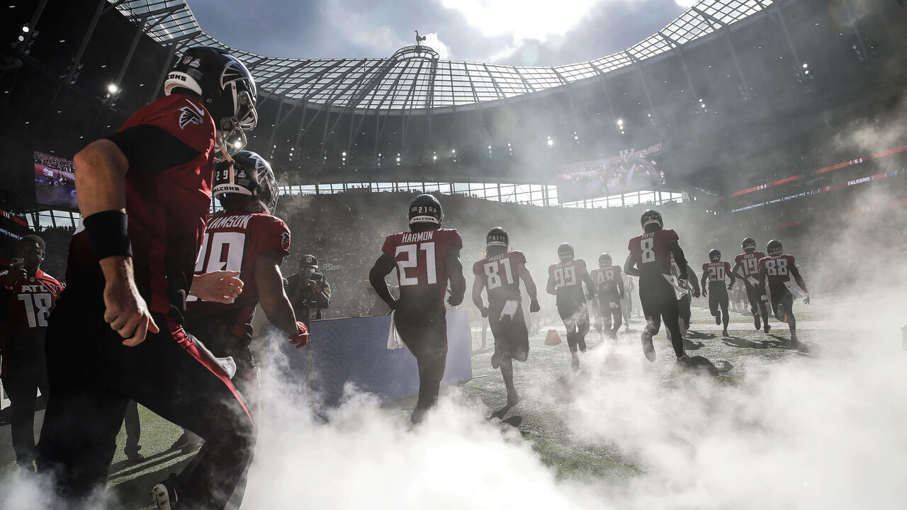 The Falcons run on for kick off during the NFL London 2021 match between New York Jets and Atlanta Falcons at the Tottenham Hotspur Stadium on October 10th, 2021 in London, England
