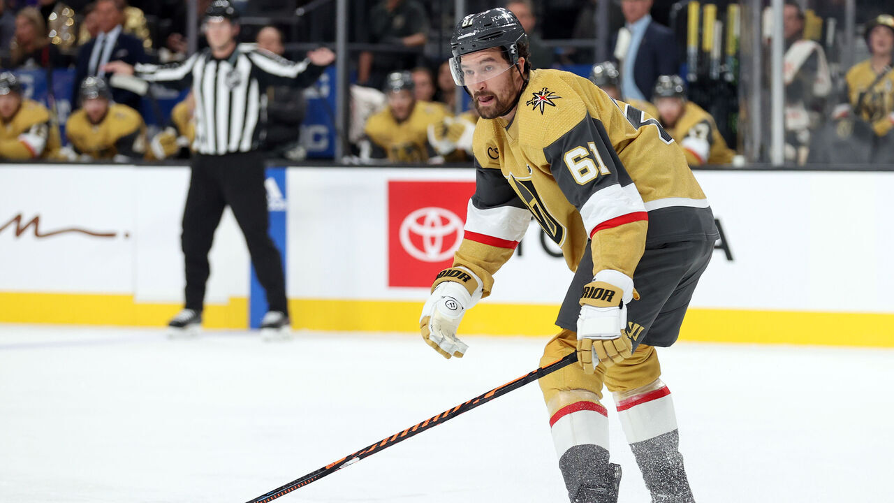 LAS VEGAS, NEVADA - SEPTEMBER 27: Mark Stone #61 of the Vegas Golden Knights skates during the first period against the Los Angeles Kings at T-Mobile Arena on September 27, 2023 in Las Vegas, Nevada.