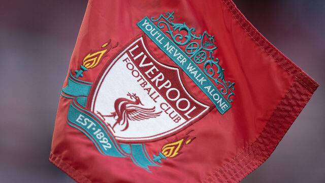 LIVERPOOL, ENGLAND - MAY 03: The official Liverpool FC club badge on a corner flag during the Premier League match between Liverpool FC and Fulham FC at Anfield on May 3, 2023 in Liverpool, United Kingdom.
