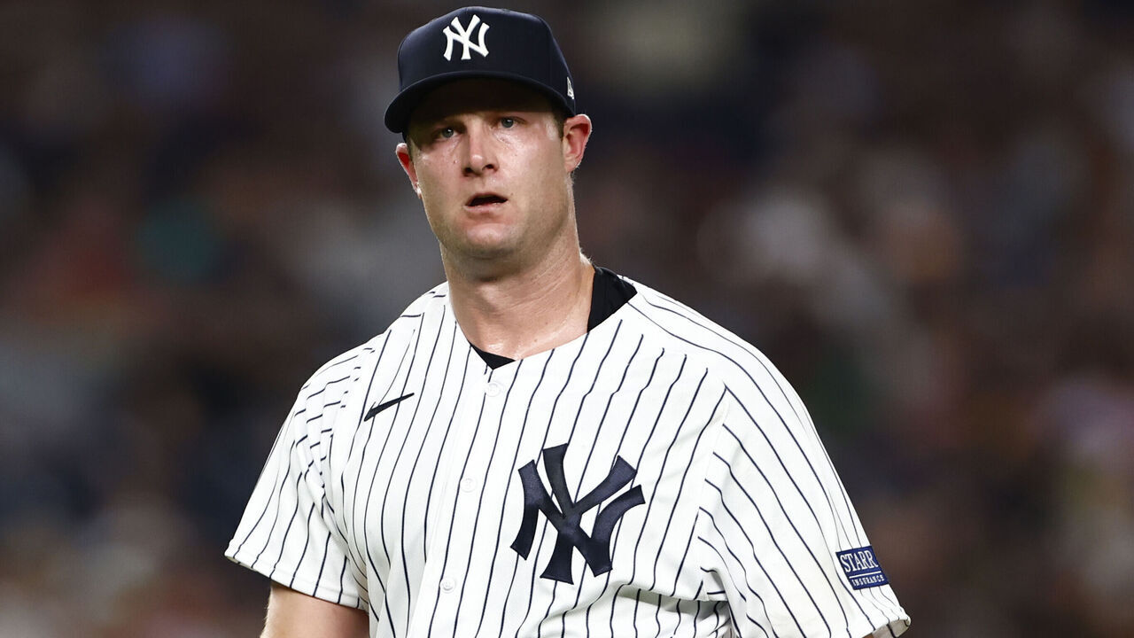 NEW YORK, NEW YORK - SEPTEMBER 5: Pitcher Gerrit Cole #45 of the New York Yankees walks off the mound after the sixth inning of a game against the Detroit Tigers at Yankee Stadium on September 5, 2023 in New York City. The Yankees defeated the Tigers 5-1.