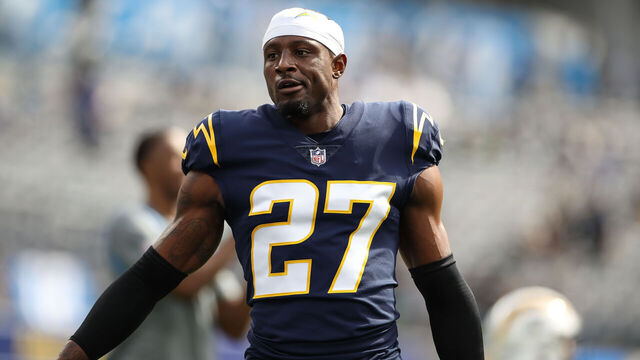INGLEWOOD, CA - OCTOBER 23: Los Angeles Chargers cornerback J.C. Jackson (27) during the Seattle Seahawks vs Los Angeles Chargers on October 23, 2022, at SoFi Stadium in Inglewood, CA.