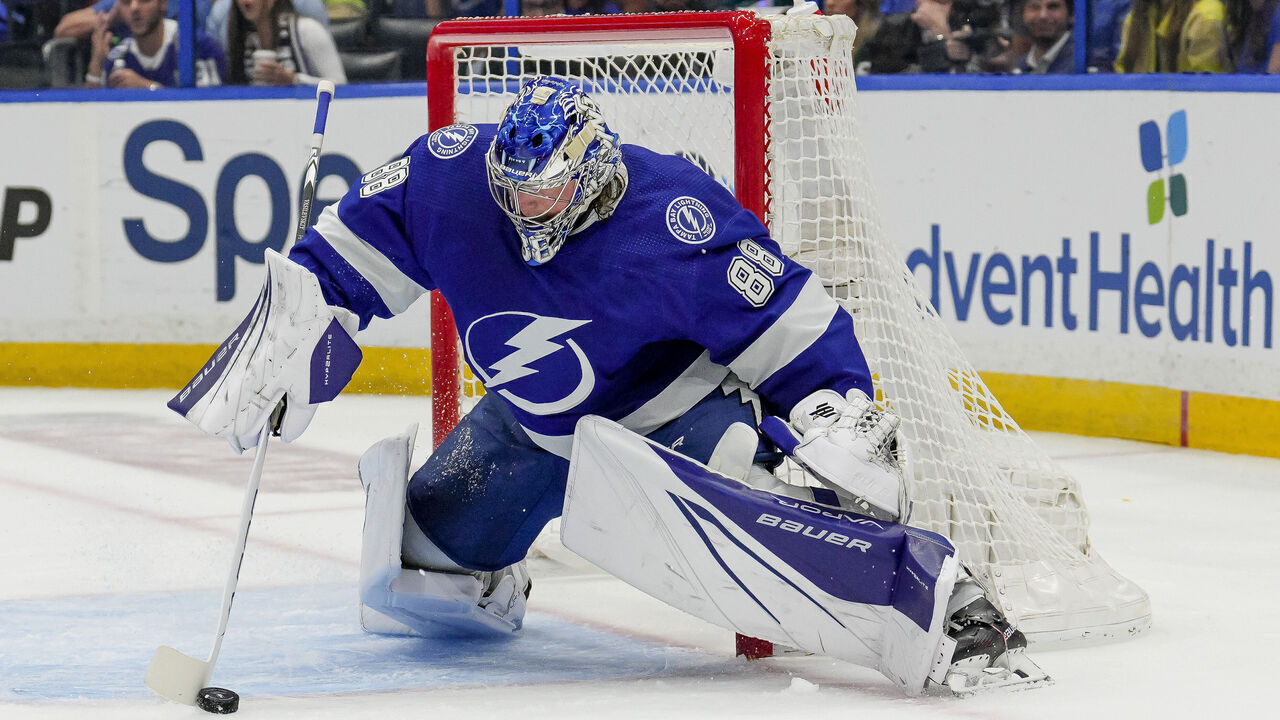 TAMPA, FL - APRIL 29: Tampa Bay Lightning goaltender Andrei Vasilevskiy (88) makes a save during Game Six of the First Round of the 2023 Stanley Cup Playoffs between the Tampa Bay Lightning and Toronto Maple Leafs on April 29th 2023 at Amalie Arena in Tampa, FL.