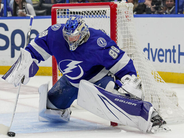 TAMPA, FL - APRIL 29: Tampa Bay Lightning goaltender Andrei Vasilevskiy (88) makes a save during Game Six of the First Round of the 2023 Stanley Cup Playoffs between the Tampa Bay Lightning and Toronto Maple Leafs on April 29th 2023 at Amalie Arena in Tampa, FL.
