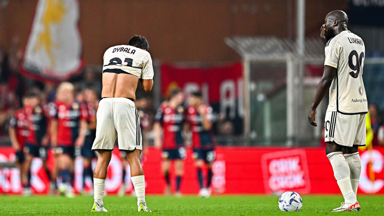 GENOA, ITALY - SEPTEMBER 28: Paulo Dybala (left) and Romelu Lukaku of Roma react with disappointment after Mateo Retegui of Genoa has scored a goal during the Serie A TIM match between Genoa CFC and AS Roma at Stadio Luigi Ferraris on September 28, 2023 in Genoa, Italy.