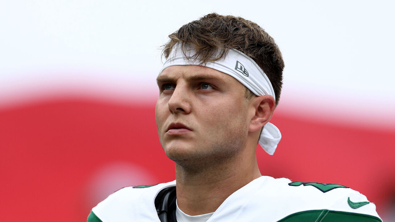 EAST RUTHERFORD, NEW JERSEY - SEPTEMBER 24: Zach Wilson #2 of the New York Jets stands on the field before the start of the game against the New England Patriots at MetLife Stadium on September 24, 2023 in East Rutherford, New Jersey.