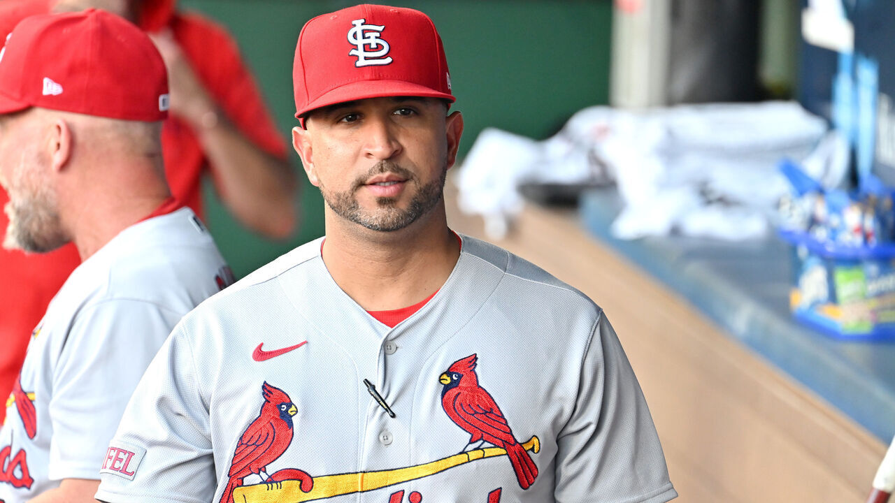KANSAS CITY, MO - AUGUST 11: St. Louis Cardinals manager Oli Marmol as seen in the dugout before a MLB game between the St. Louis Cardinals and the Kansas City Royals on August 11, 2023, at Kauffman Stadium in Kansas City
