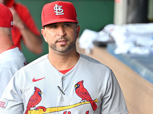 KANSAS CITY, MO - AUGUST 11: St. Louis Cardinals manager Oli Marmol as seen in the dugout before a MLB game between the St. Louis Cardinals and the Kansas City Royals on August 11, 2023, at Kauffman Stadium in Kansas City