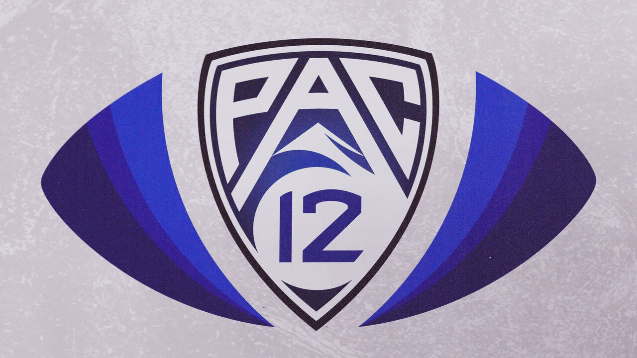 LAS VEGAS, NV - DECEMBER 02: PAC-12 Championship logo during the Pac-12 Championship football game between Utah Utes and USC Trojans on December 2, 2022 at Allegiant Stadium in Las Vegas, NV.