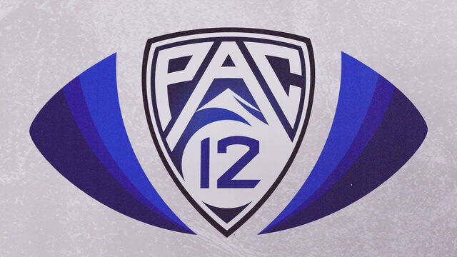 LAS VEGAS, NV - DECEMBER 02: PAC-12 Championship logo during the Pac-12 Championship football game between Utah Utes and USC Trojans on December 2, 2022 at Allegiant Stadium in Las Vegas, NV.