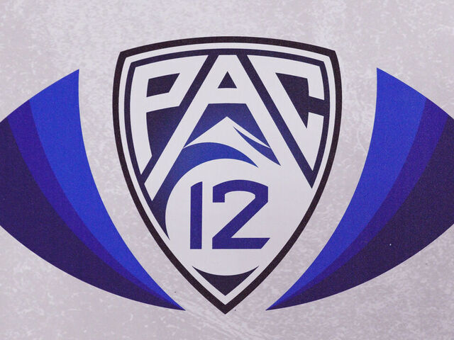 LAS VEGAS, NV - DECEMBER 02: PAC-12 Championship logo during the Pac-12 Championship football game between Utah Utes and USC Trojans on December 2, 2022 at Allegiant Stadium in Las Vegas, NV.