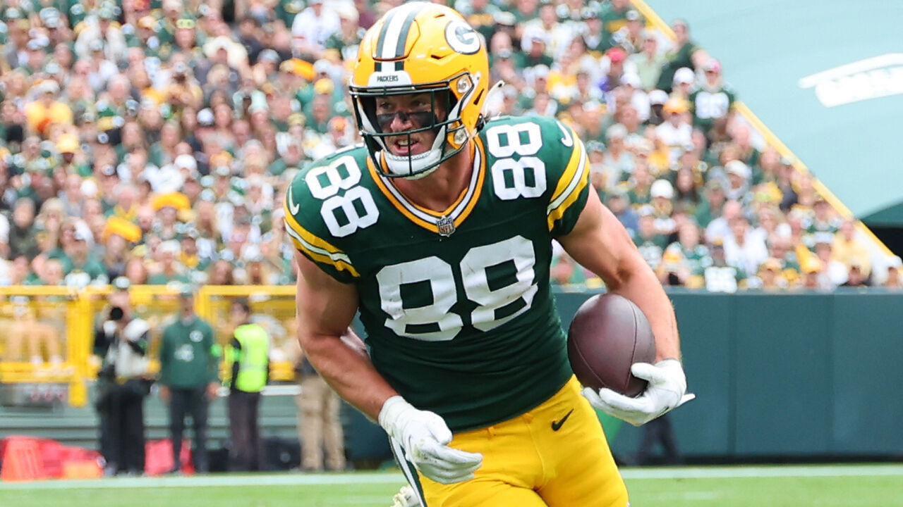 GREEN BAY, WISCONSIN - SEPTEMBER 24: Luke Musgrave #88 of the Green Bay Packers runs for yards after a catch during a game against the New Orleans Saints at Lambeau Field on September 24, 2023 in Green Bay, Wisconsin.