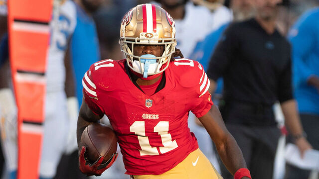 SANTA CLARA, CA - AUGUST 25: Brandon Aiyuk #11 of the San Francisco 49ers runs after making a catch during the game against the Los Angeles Chargers at Levi's Stadium on August 25, 2023 in Santa Clara, California. The Chargers defeated the 49ers 23-12.