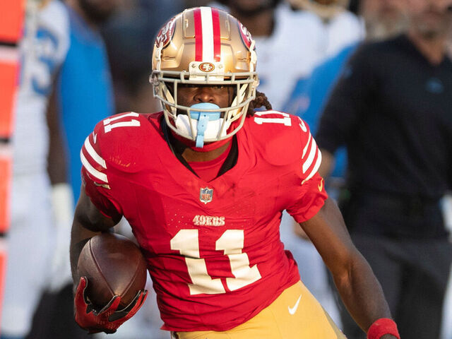 SANTA CLARA, CA - AUGUST 25: Brandon Aiyuk #11 of the San Francisco 49ers runs after making a catch during the game against the Los Angeles Chargers at Levi's Stadium on August 25, 2023 in Santa Clara, California. The Chargers defeated the 49ers 23-12.