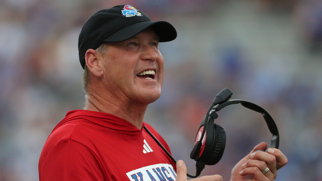LAWRENCE, KS - SEPTEMBER 23: Kansas Jayhawks head coach Lance Leipold during a Big 12 football game between the Brigham Young Cougars and Kansas Jayhawks on Sep 23, 2023 at David Booth Memorial Stadium in Lawrence, KS.
