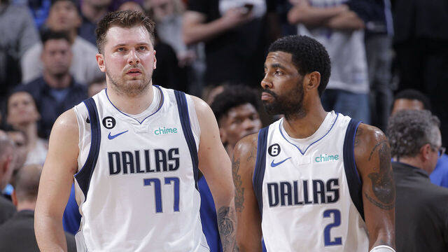 SACRAMENTO, CA - FEBRUARY 11: Luka Doncic #77 and Kyrie Irving #2 of the Dallas Mavericks look on during the game against the Sacramento Kings on February 11, 2023 at Golden 1 Center in Sacramento, California. NOTE TO USER: User expressly acknowledges and agrees that, by downloading and or using this photograph, User is consenting to the terms and conditions of the Getty Images Agreement. Mandatory Copyright Notice: Copyright 2023 NBAE