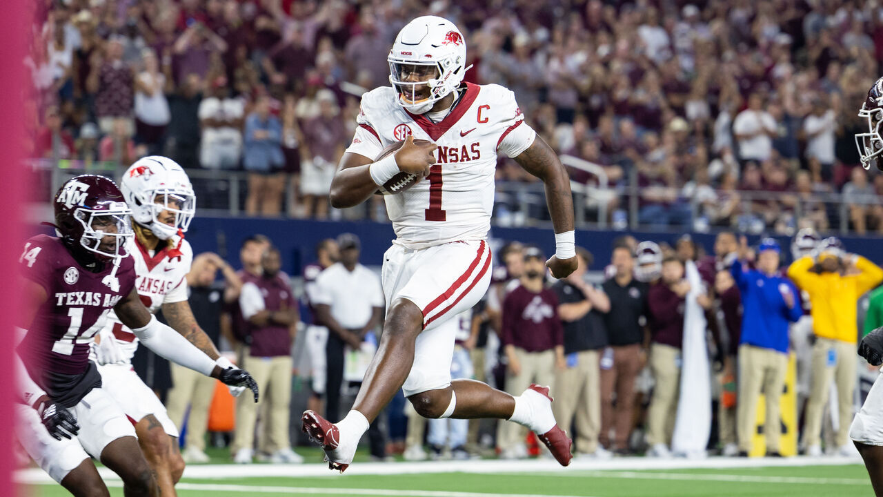 ARLINGTON, TX - SEPTEMBER 24: Arkansas Razorbacks quarterback KJ Jefferson (#1) jumps into the end zone for a touchdown during the Southwest Classic college football game between the Texas A&M Aggies and the Arkansas Razorbacks on September 24, 2022 at AT&T Stadium in Arlington, TX.