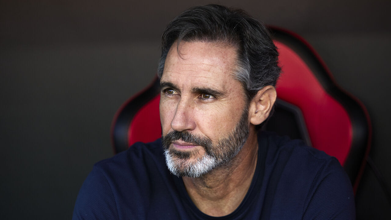 SEVILLE, SPAIN - SEPTEMBER 26: Vicente Moreno, Manager of UD Almeria looks on from the bench prior to the LaLiga EA Sports match between Sevilla FC and UD Almeria at Estadio Ramon Sanchez Pizjuan on September 26, 2023 in Seville, Spain.