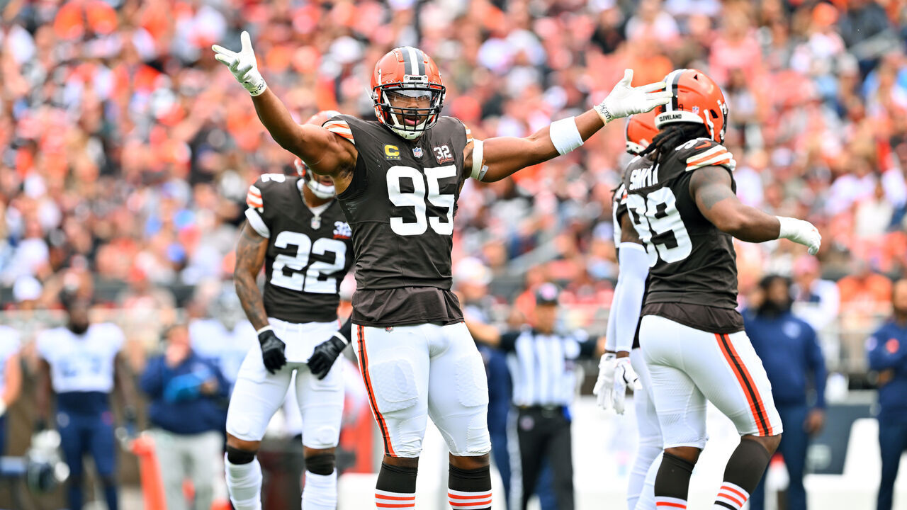 CLEVELAND, OHIO - SEPTEMBER 24: Defensive end Myles Garrett #95 of the Cleveland Browns celebrates during the first quarter against the Tennessee Titans at Cleveland Browns Stadium on September 24, 2023 in Cleveland, Ohio. The Browns defeated the Titans 27-3.