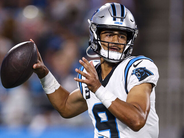 CHARLOTTE, NC - SEPTEMBER 18: Bryce Young #9 of the Carolina Panthers throws the ball during an NFL football game against the New Orleans Saints at Bank of America Stadium on September 18, 2023 in Charlotte, North Carolina.