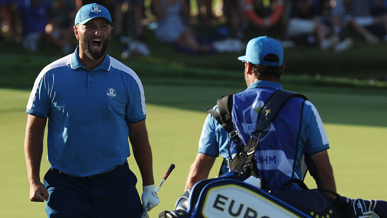 ROME, ITALY - SEPTEMBER 29: Jon Rahm of Team Europe celebrates on the 16th green during the Friday afternoon fourball matches of the 2023 Ryder Cup at Marco Simone Golf Club on September 29, 2023 in Rome, Italy.