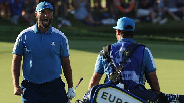 ROME, ITALY - SEPTEMBER 29: Jon Rahm of Team Europe celebrates on the 16th green during the Friday afternoon fourball matches of the 2023 Ryder Cup at Marco Simone Golf Club on September 29, 2023 in Rome, Italy.