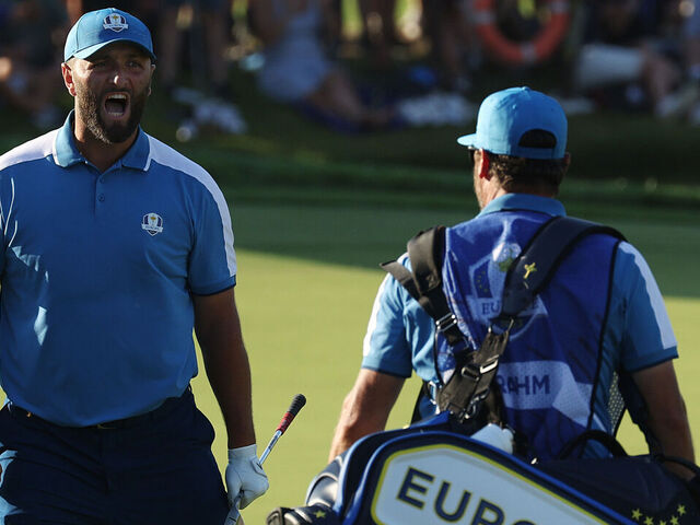 ROME, ITALY - SEPTEMBER 29: Jon Rahm of Team Europe celebrates on the 16th green during the Friday afternoon fourball matches of the 2023 Ryder Cup at Marco Simone Golf Club on September 29, 2023 in Rome, Italy.