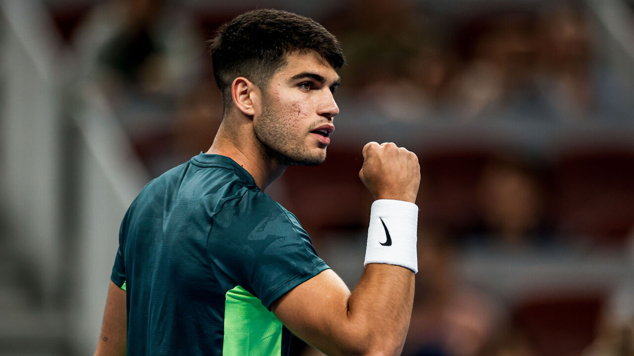 BEIJING, CHINA - SEPTEMBER 29: Carlos Alcaraz of Spain reacts in the Men's Singles Round of 32 match against Yannick Hanfmann of Germany on day four of 2023 China Open at the National Tennis Center on September 29, 2023 in Beijing, China.