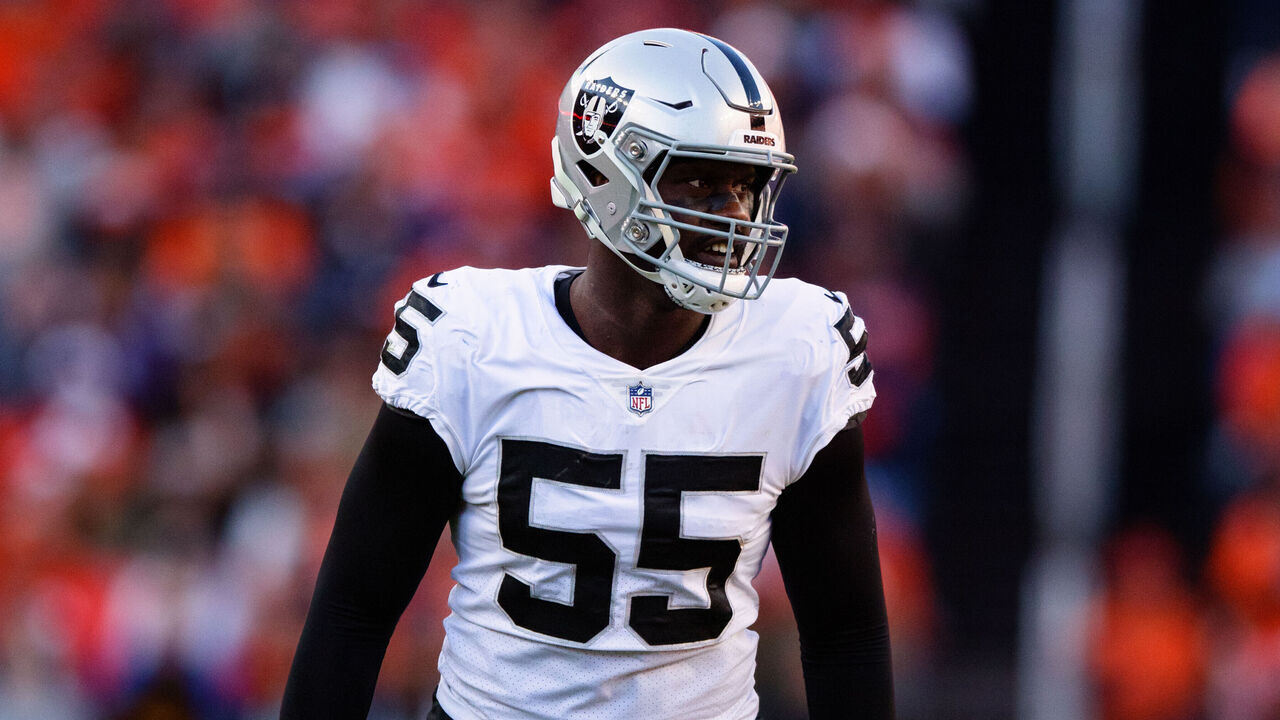 DENVER, CO - NOVEMBER 20: Defensive end Chandler Jones #55 of the Las Vegas Raiders defends against the Denver Broncos during the first half at Empower Field at Mile High on November 20, 2022 in Denver, Colorado.
