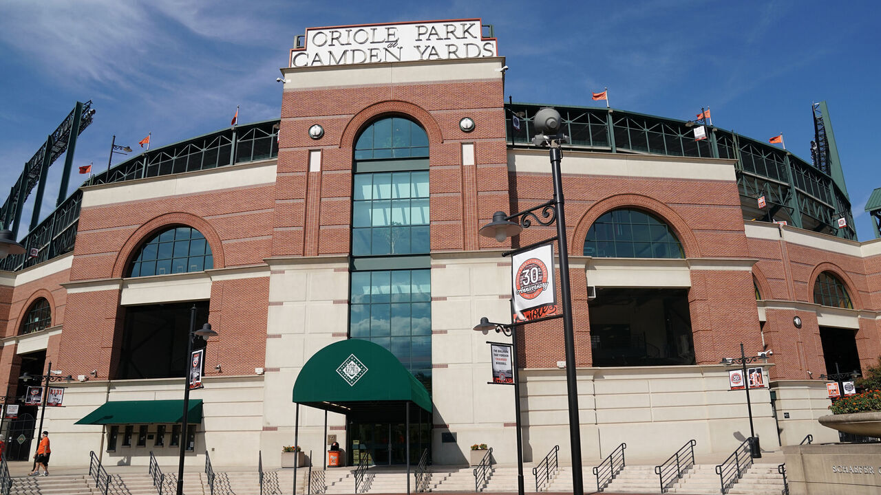 BALTIMORE, MD - SEPTEMBER 03: Exterior view fo front of Oriole Park at Camden Yards before a baseball game between the Baltimore Orioles and the Oakland Athletics at Oriole Park at Camden Yards on September 3, 2022 in Baltimore, Maryland.
