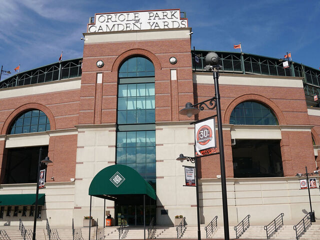 BALTIMORE, MD - SEPTEMBER 03: Exterior view fo front of Oriole Park at Camden Yards before a baseball game between the Baltimore Orioles and the Oakland Athletics at Oriole Park at Camden Yards on September 3, 2022 in Baltimore, Maryland.