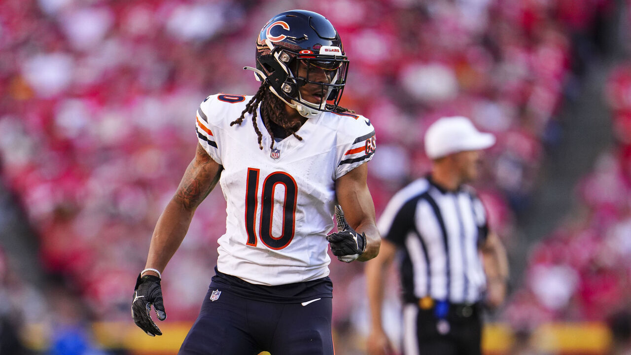 KANSAS CITY, MO - SEPTEMBER 24: Chase Claypool #10 of the Chicago Bears lines up during at GEHA Field at Arrowhead Stadium on September 24, 2023 in Kansas City, Missouri.
