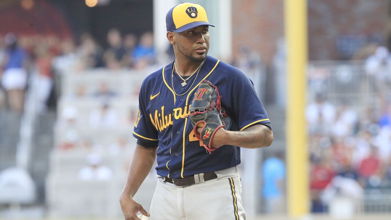 ATLANTA, GA - JULY 29: Milwaukee Brewers starting pitcher and former Brave Julio Teheran (49) stares down a batter during the Saturday evening MLB game between the Atlanta Braves and the Milwaukee Brewers on July 29, 2023 at Truist Park in Atlanta, Georgia.