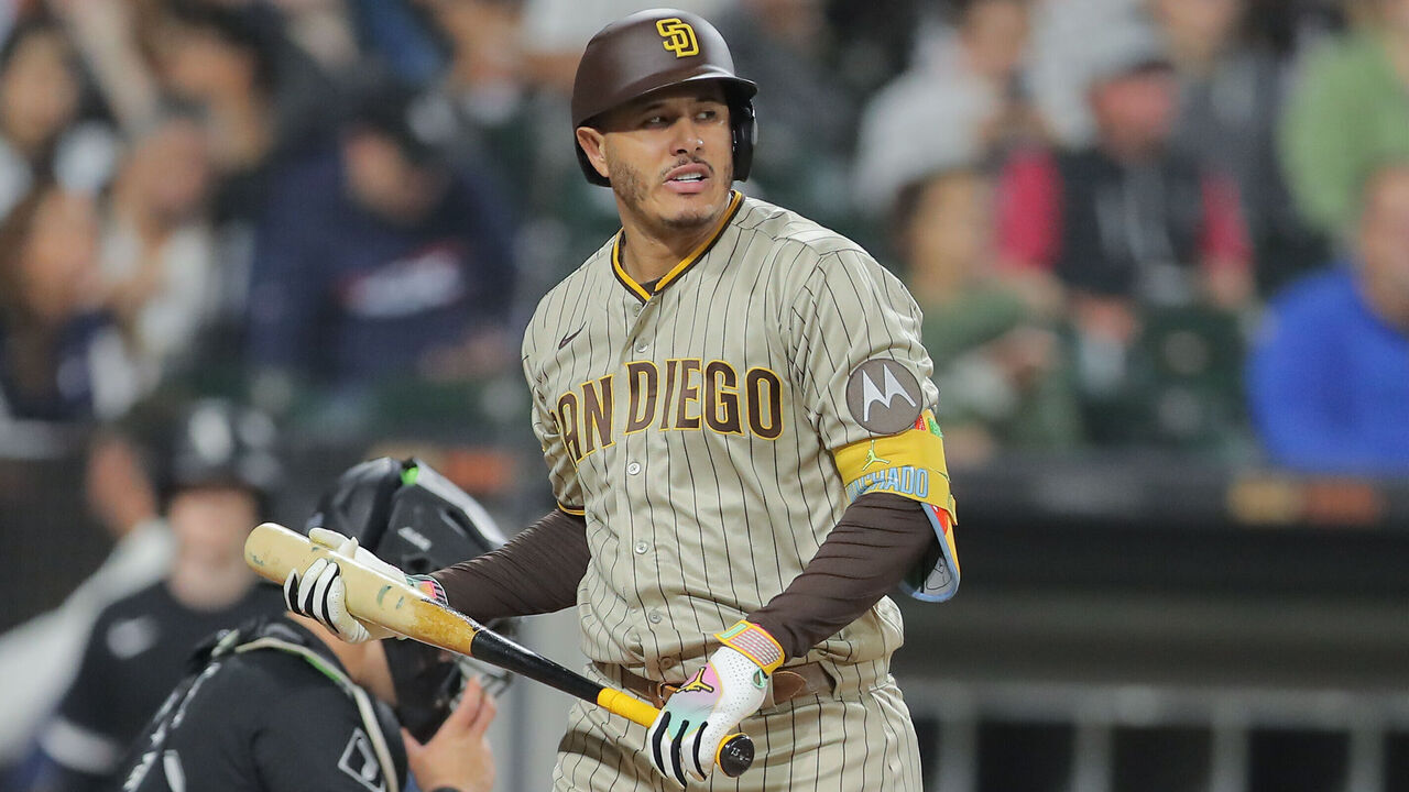 CHICAGO, IL - SEPTEMBER 29: San Diego Padres third baseman Manny Machado (13) looks on after striking out during a Major League Baseball game between the San Diego Padres and the Chicago White Sox on September 29, 2023 at Guaranteed Rate Field in Chicago, IL.