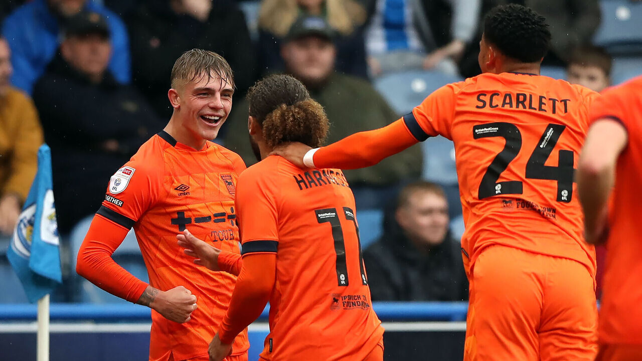Ipswich Towns' Brandon Williams (left) celebrates scoring their side's first goal of the game during the Sky Bet Championship match at John Smith's Stadium, Huddersfield. Picture date: Saturday September 30, 2023.