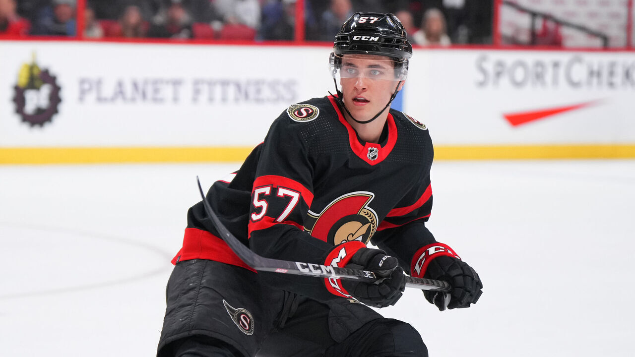 OTTAWA, CANADA - MARCH 23: Shane Pinto #57 of the Ottawa Senators skates against the Tampa Bay Lightning at Canadian Tire Centre on March 23, 2023 in Ottawa, Ontario, Canada.