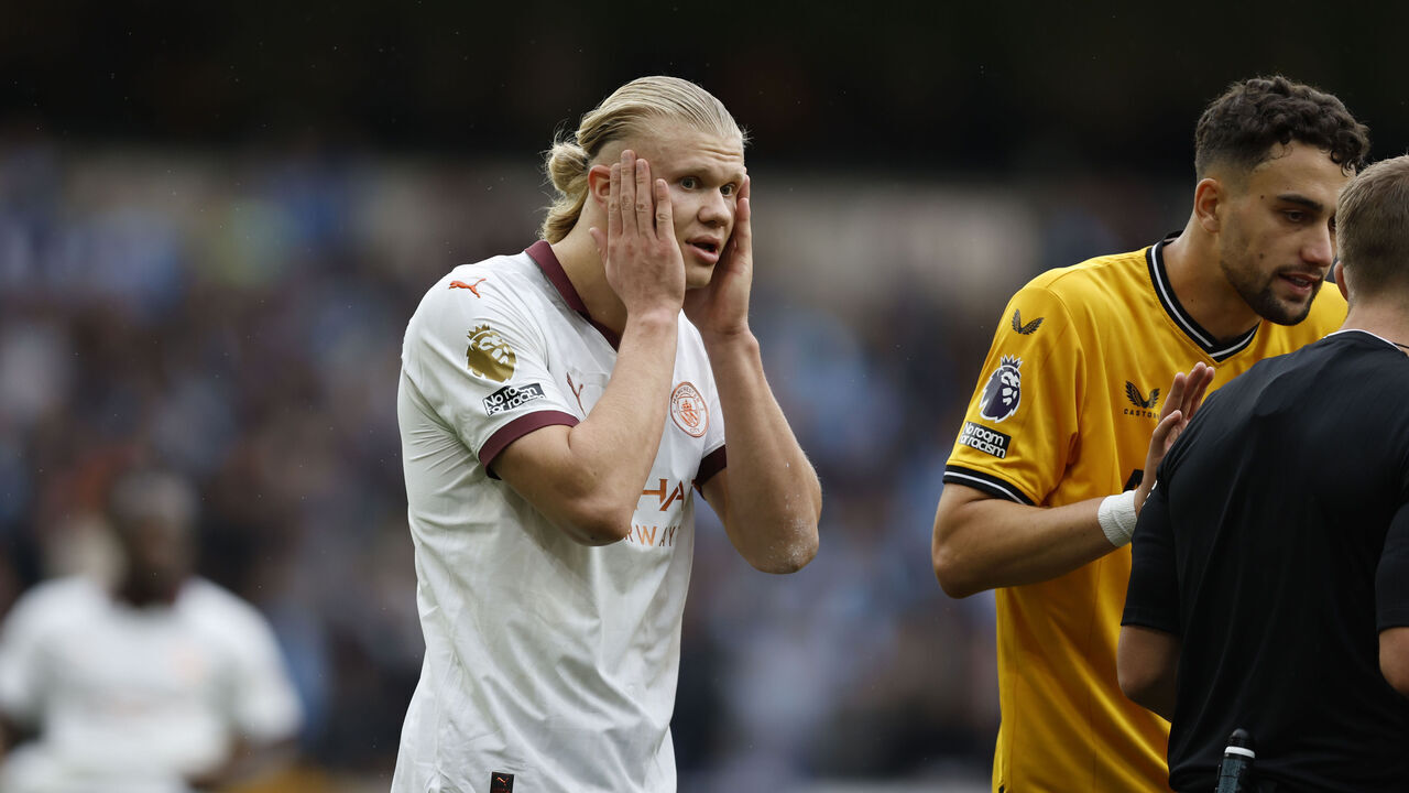 Manchester City's Erling Haaland reacts to a decision during the Premier League match at Molineux Stadium, Wolverhampton. Picture date: Saturday September 30, 2023.