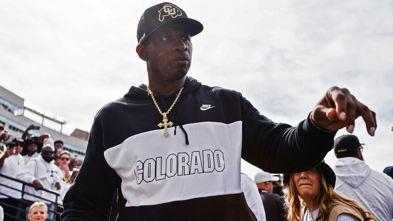 BOULDER, CO - SEPTEMBER 30: Head coach Deion Sanders of the Colorado Buffaloes walks off the field at halftime of a game against the USC Trojans at Folsom Field on September 30, 2023 in Boulder, Colorado.