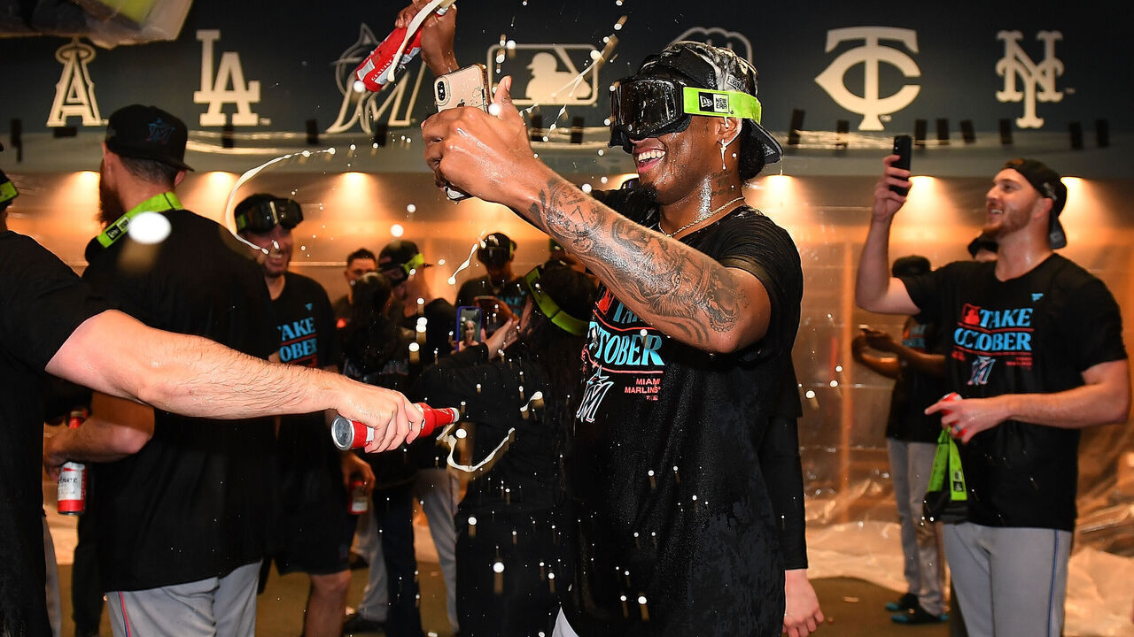 PITTSBURGH, PENNSYLVANIA - SEPTEMBER 30: Members Miami Marlins celebrate after a 7-3 win over the Pittsburgh Pirates to clinch a National League Wildcard berth at PNC Park on September 30, 2023 in Pittsburgh, Pennsylvania.
