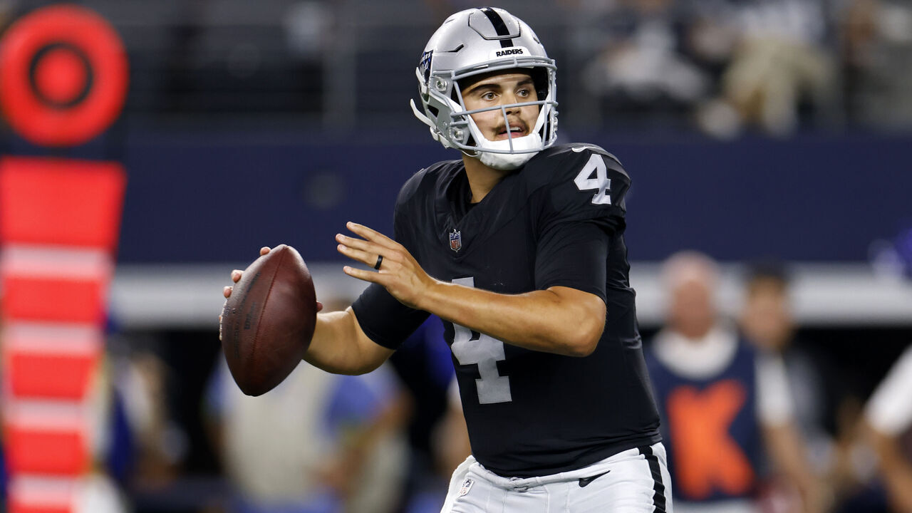 ARLINGTON, TX - AUGUST 26: Aidan O'Connell #4 of the Las Vegas Raiders throws the ball against the Dallas Cowboys during the second half of a preseason game at AT&T Stadium on August 26, 2023 in Arlington, Texas.