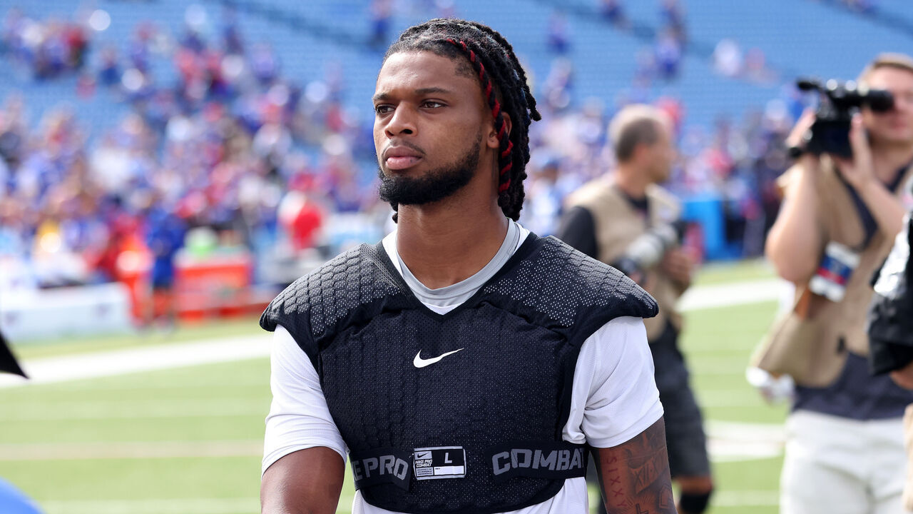 ORCHARD PARK, NEW YORK - AUGUST 12: Damar Hamlin #3 of the Buffalo Bills walks off the field after a preseason game against the Indianapolis Colts at Highmark Stadium on August 12, 2023 in Orchard Park, New York.