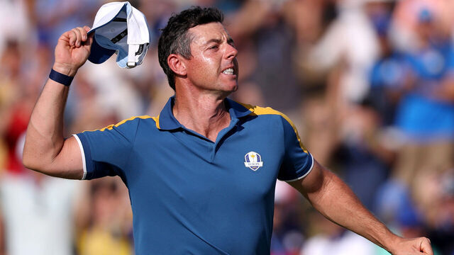 ROME, ITALY - OCTOBER 01: Rory McIlroy of Team Europe celebrates winning his match 3&1 on the 17th green during the Sunday singles matches of the 2023 Ryder Cup at Marco Simone Golf Club on October 01, 2023 in Rome, Italy.