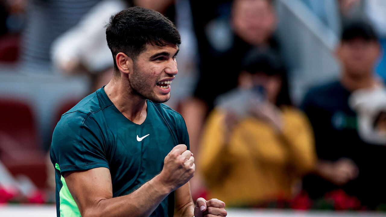 BEIJING, CHINA - OCTOBER 01: Carlos Alcaraz of Spain reacts in the Men's Singles Round of 16 match against Lorenzo Musetti of Italy on day six of 2023 China Open at the National Tennis Center on October 1, 2023 in Beijing, China.