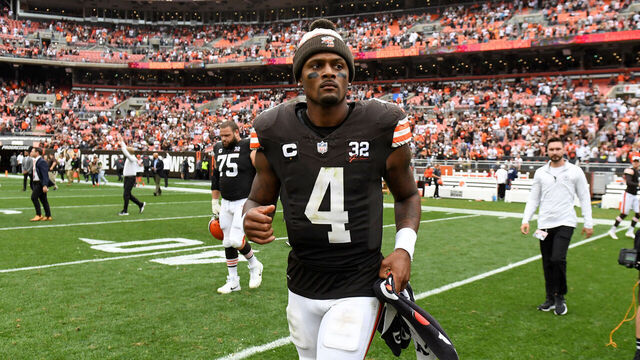 CLEVELAND, OHIO - SEPTEMBER 24: Deshaun Watson #4 of the Cleveland Browns runs onto the field after the teams 27-3 win over the Tennessee Titans at Cleveland Browns Stadium on September 24, 2023 in Cleveland, Ohio.