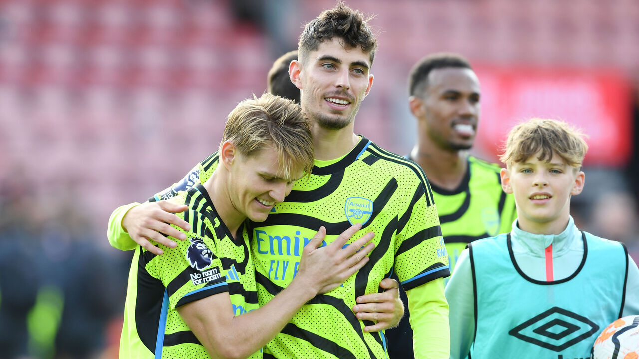 BOURNEMOUTH, ENGLAND - SEPTEMBER 30: Martin Oedegaard and Kai Havertz of Arsenal celebrate following the team's victory during the Premier League match between AFC Bournemouth and Arsenal FC at Vitality Stadium on September 30, 2023 in Bournemouth, England.