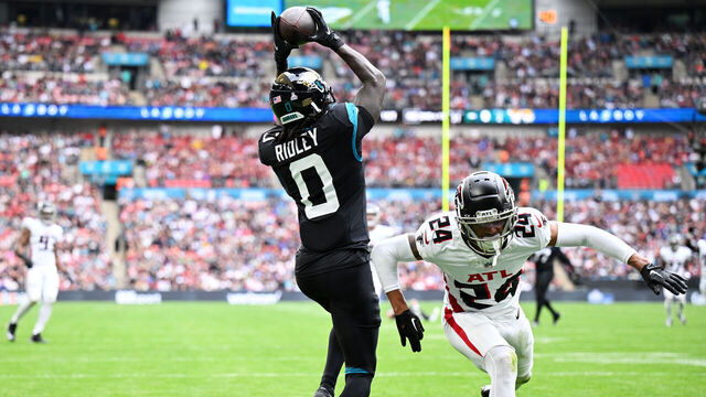 LONDON, ENGLAND - OCTOBER 01: Calvin Ridley #0 of the Jacksonville Jaguars catches a 30 yard touchdown pass during the first quarter during the NFL match between Atlanta Falcons and Jacksonville Jaguars at Wembley Stadium on October 01, 2023 in London, England.