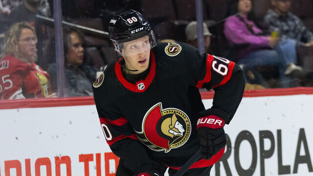 OTTAWA, ON - SEPTEMBER 29: Ottawa Senators Defenceman Lassi Thomson (60) skates with the puck during first period National Hockey League action between the Winnipeg Jets and Ottawa Senators on September 29, 2023, at Canadian Tire Centre in Ottawa, ON, Canada.